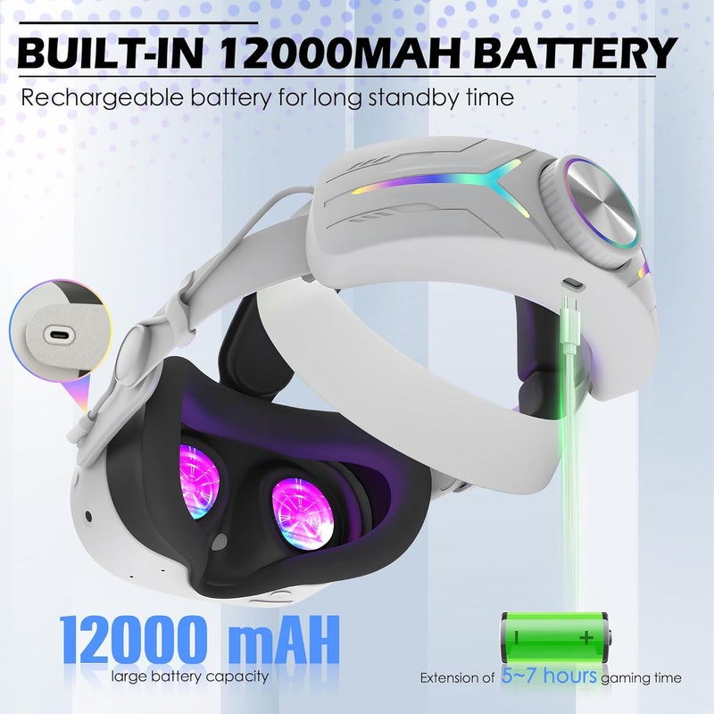 Orzero Upgraded 12000mah Battery Head Strap Compatible for Quest 3S, 9V 2A PD Fast Charging Extended Gaming Time with RGB Light Exclusively Designed Accessories for Quest 3s- White - Image 2